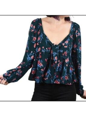 American Eagle Outfitters Blue/Green Boho Floral Long Sleeve Top Blouse Size XL